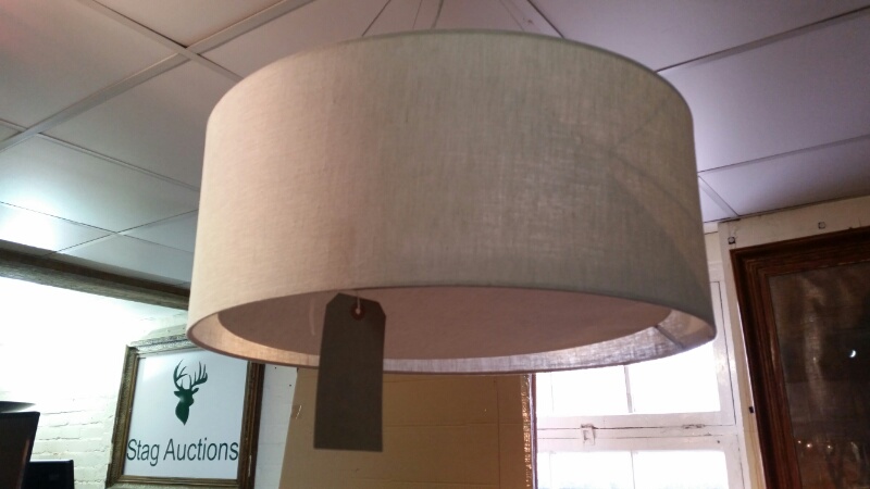 Contemporary large ceiling lightshade with chrome fitting, neutral linen, 60cm diam, 24cm high