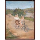 French School, early 20th century, rabbits on tandem bike in country landscape, oil painting on