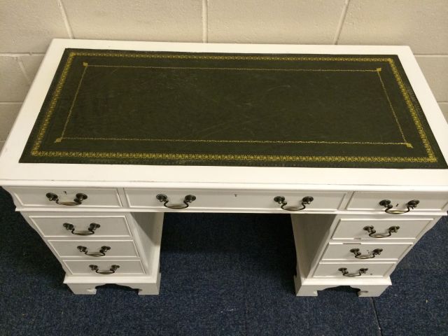 Vintage desk, painted in off white with green leather inlay top, 3 drawers to top with further - Image 5 of 9