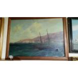 English School 20thC sailing boats at sea, off the coastline. Oil on canvas laid onto board. 43 x 60