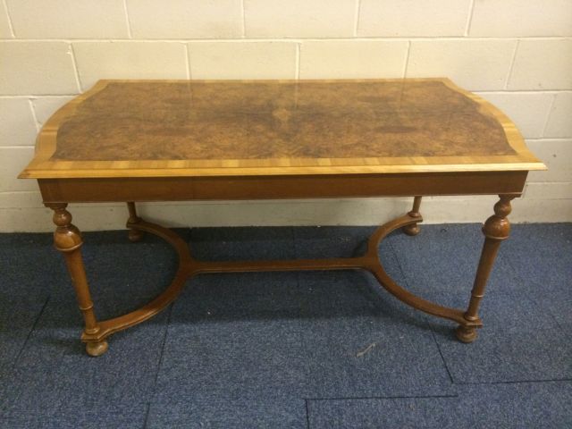 Large centre table or library / hallway table, burr walnut veneer top with possible yew