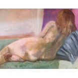 English School, 20th century, signed "C. Smith" lower right, reclining nude, oil on board, 51cm x