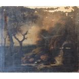 Continental School, 19th century, initialled verso, rocky woodland landscape, oil on canvas, 30cm