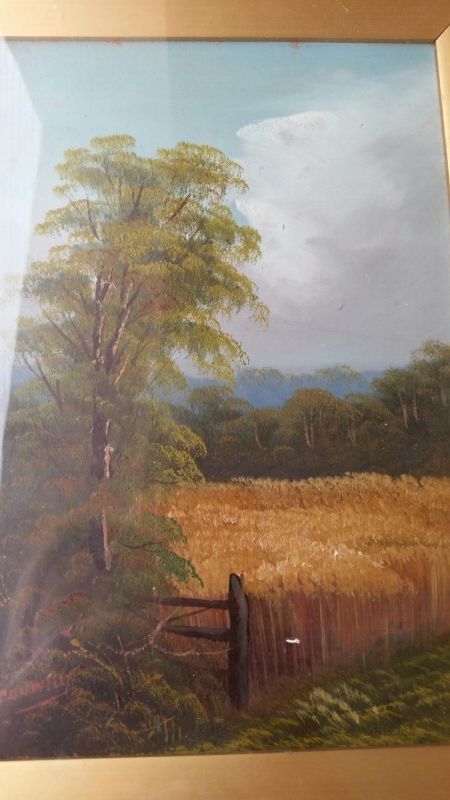 English School early 20th century oil. Country fields scene, signed lower left (Conwelly?). Back