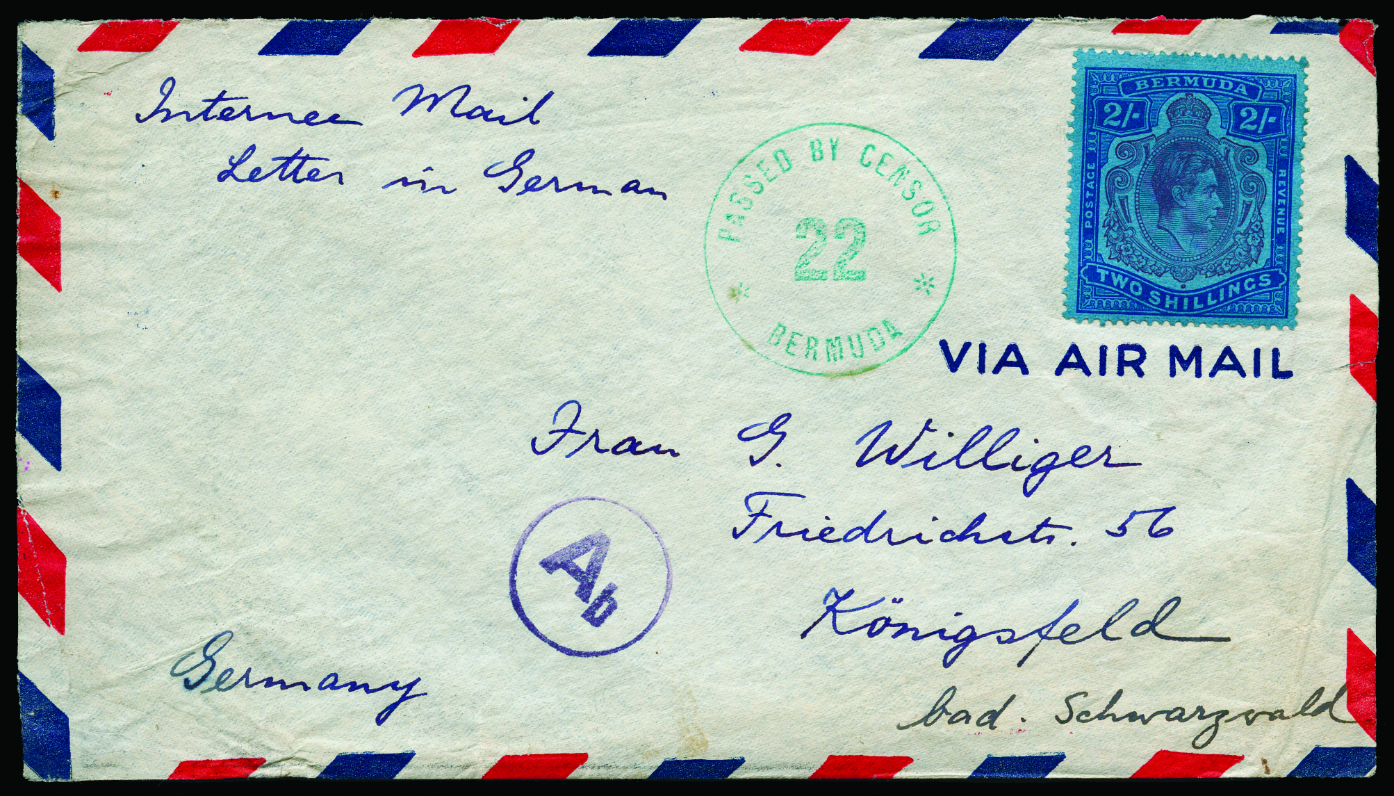 Internee Mail: Undated envelope to Germany with m/s "Internee Mail/Letter in German" from "K.