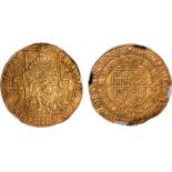 † James I, third coinage, rose ryal, mm. spur rowel (1619-1620), crowned figure of king enthroned