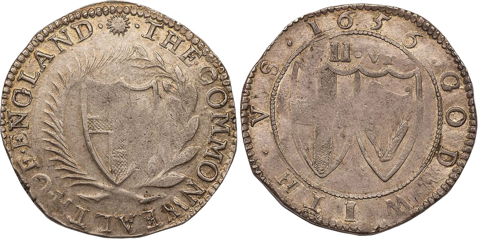 Commonwealth, halfcrown, mm. sun, 1656, English shield of arms within wreath, rev. conjoined