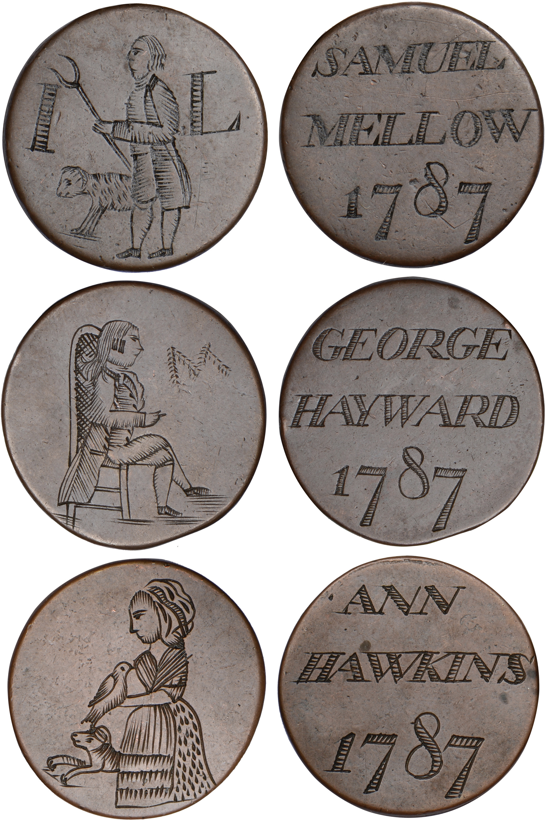 1787, three Georgian halfpennies, smoothed and engraved both sides by the same hand, SAMUEL