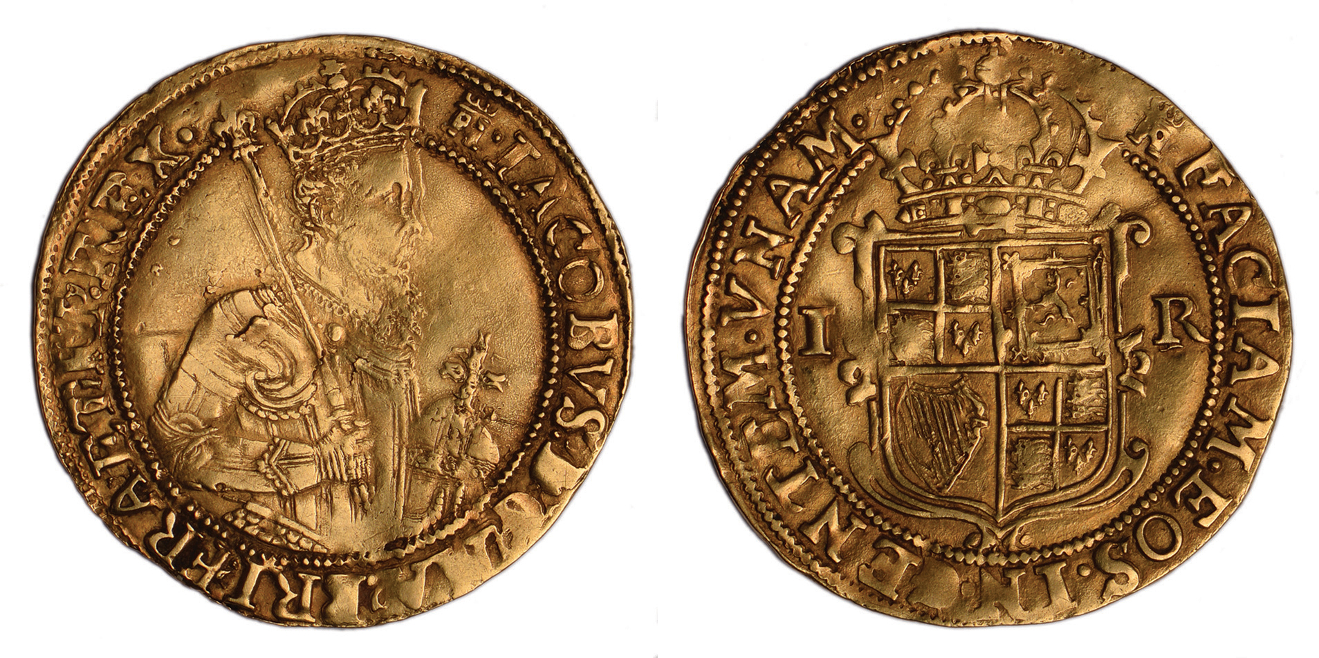 James I, second coinage, unite, mm. tower (1612-1613), crowned fourth bust r., holding orb and