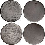 Dentistry, advertising tokens: Georgian halfpennies (2), smoothed and engraved on one side ‘Blunt
