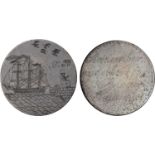 T.P., a Georgian penny, smoothed and engraved both sides, a top-hatted figure kneels on harbour-
