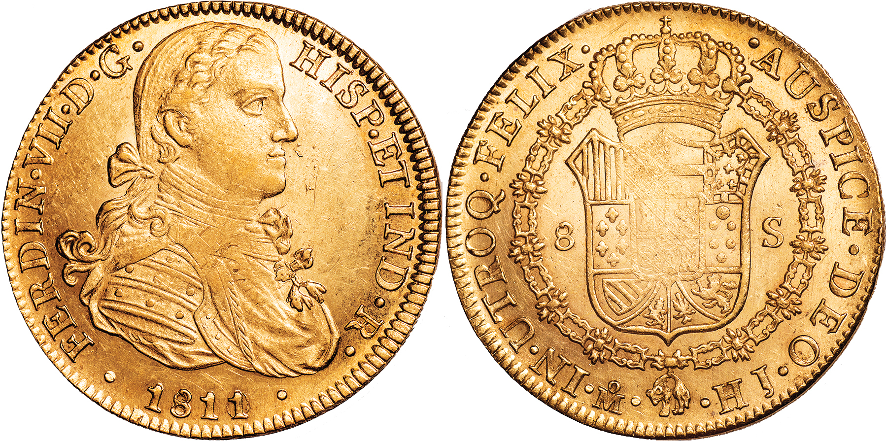 † Mexico, Ferdinand VII, 8 escudos, 1811/0 HJ, Mexico City, laur. head r., rev. crowned shield of