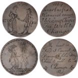 Couples, a smoothed Georgian coin, engraved both sides, a well dressed couple greet each other,
