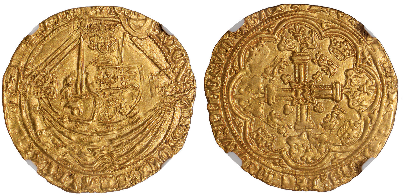 † Richard II (1377-1399), noble, London, type IIB, king holding sword and shield stg. facing in