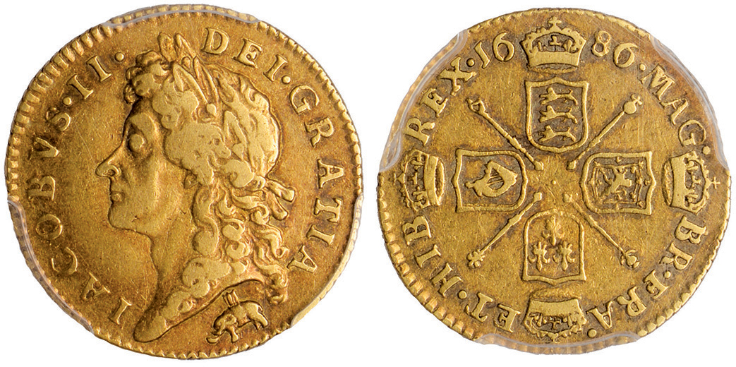 † James II, half guinea, 1686, elephant & castle, laur. bust l., rev. crowned cruciform shields,