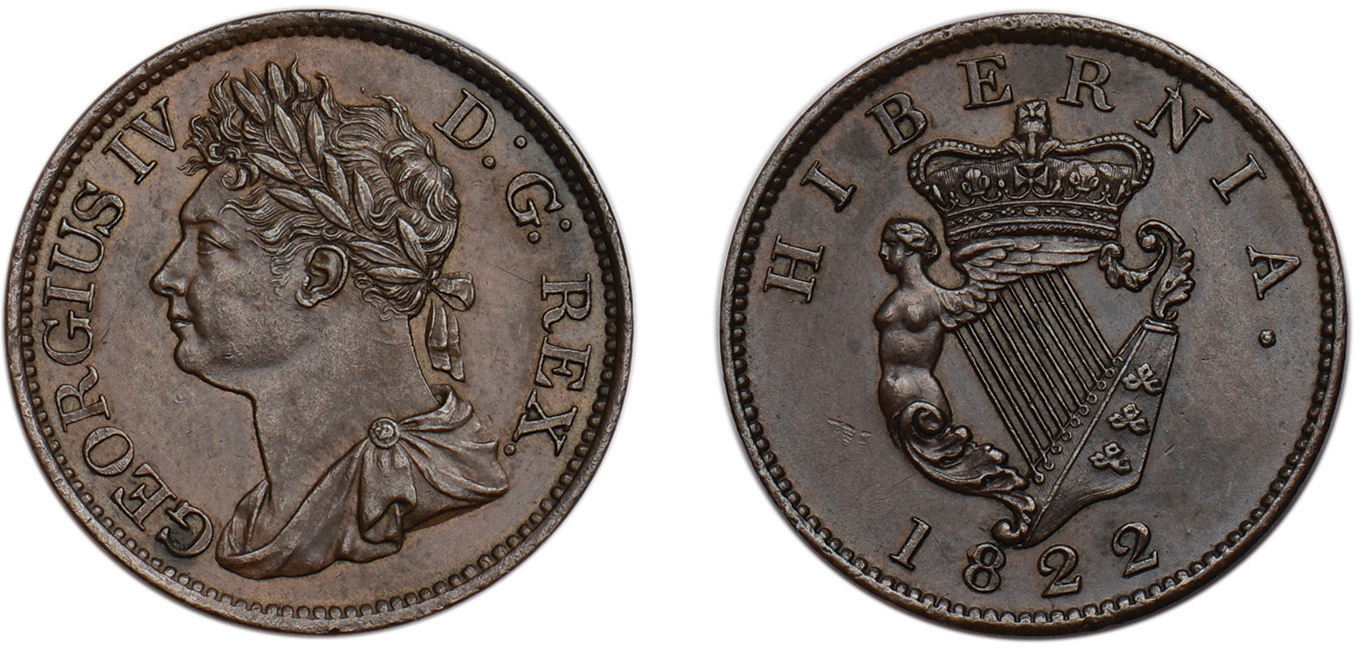 Ireland, George IV, halfpenny, 1822, laur. and dr. bust l., rev. crowned harp (S.6624), light mark