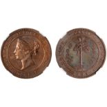 Ceylon, Victoria, copper proof 5 cents, 1892, head to l. within circle, rev. palm tree, plain