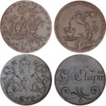 Love, Georgian halfpennies (2), smoothed and engraved both sides, girl’s face above pierced heart,