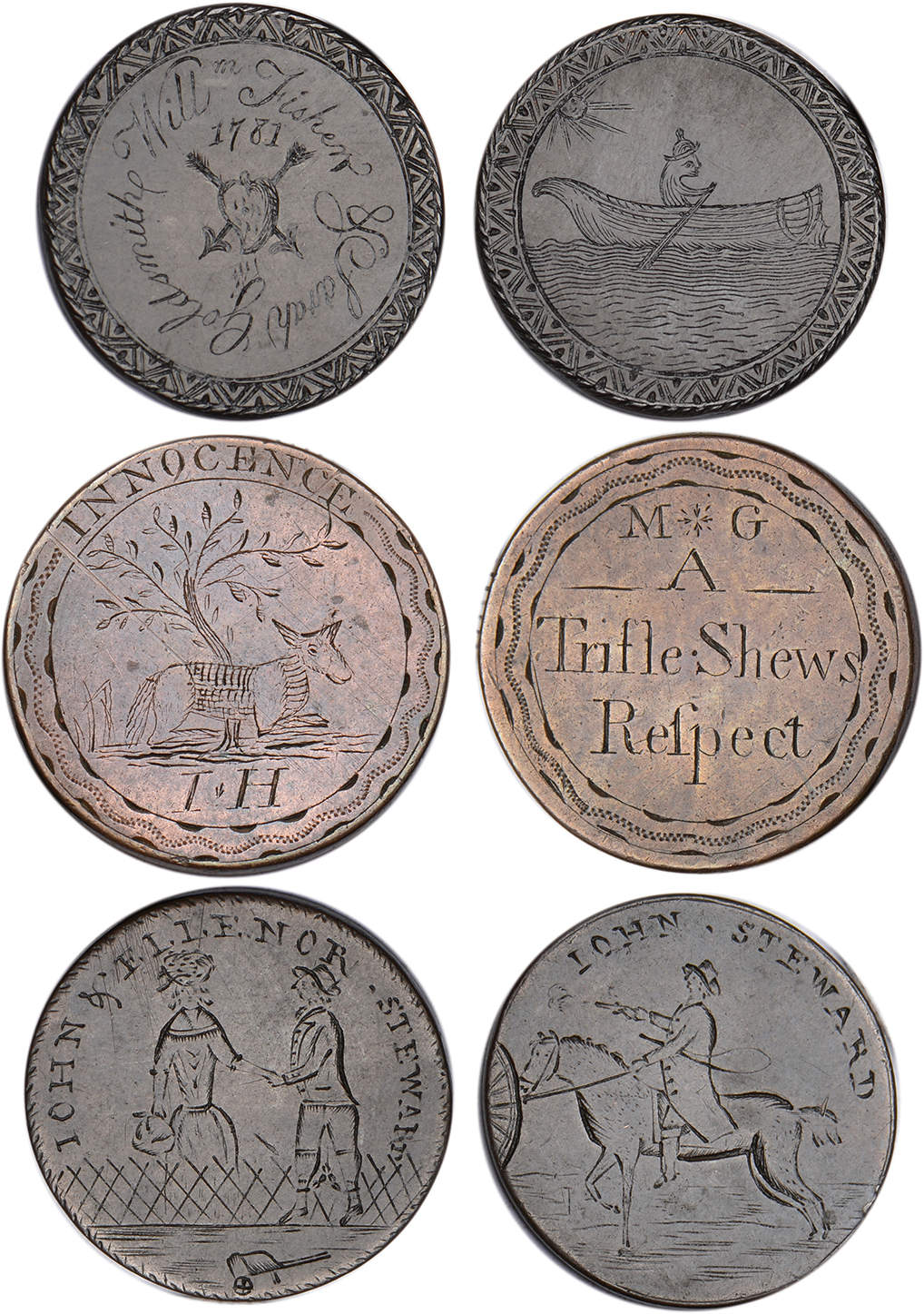 Couples, a Georgian halfpenny, smoothed and engraved both sides, JOHN & ELLENOR STEWARD, a couple,