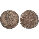 George II, sixpence, 1728, roses and plumes, young laur. and dr. bust l., rev. crowned cruciform