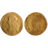 † Charles II, broad of 20 shillings, 1662, laur. and dr. bust l., rev. crowned shield of arms (S.