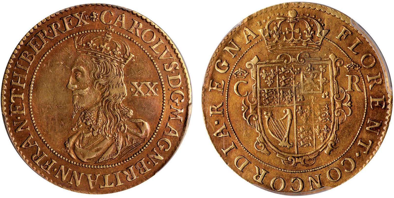 † Charles I, milled coinage (1631-1632), unite, by Nicholas Briot, mm. flower and B/B, crowned