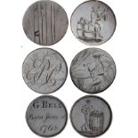 Drink, Georgian halfpennies, smoothed and engraved (3): man at table in tricorn hat, tankard in hand