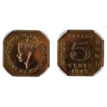 Ceylon, George VI, nickel brass proof 5 cents, 1945, crowned head l., rev. denomination and date, (