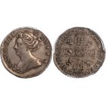Anne, sixpence, 1705, plumes, bust l., rev. crowned cruciform shields, plumes in angles (S.3592;
