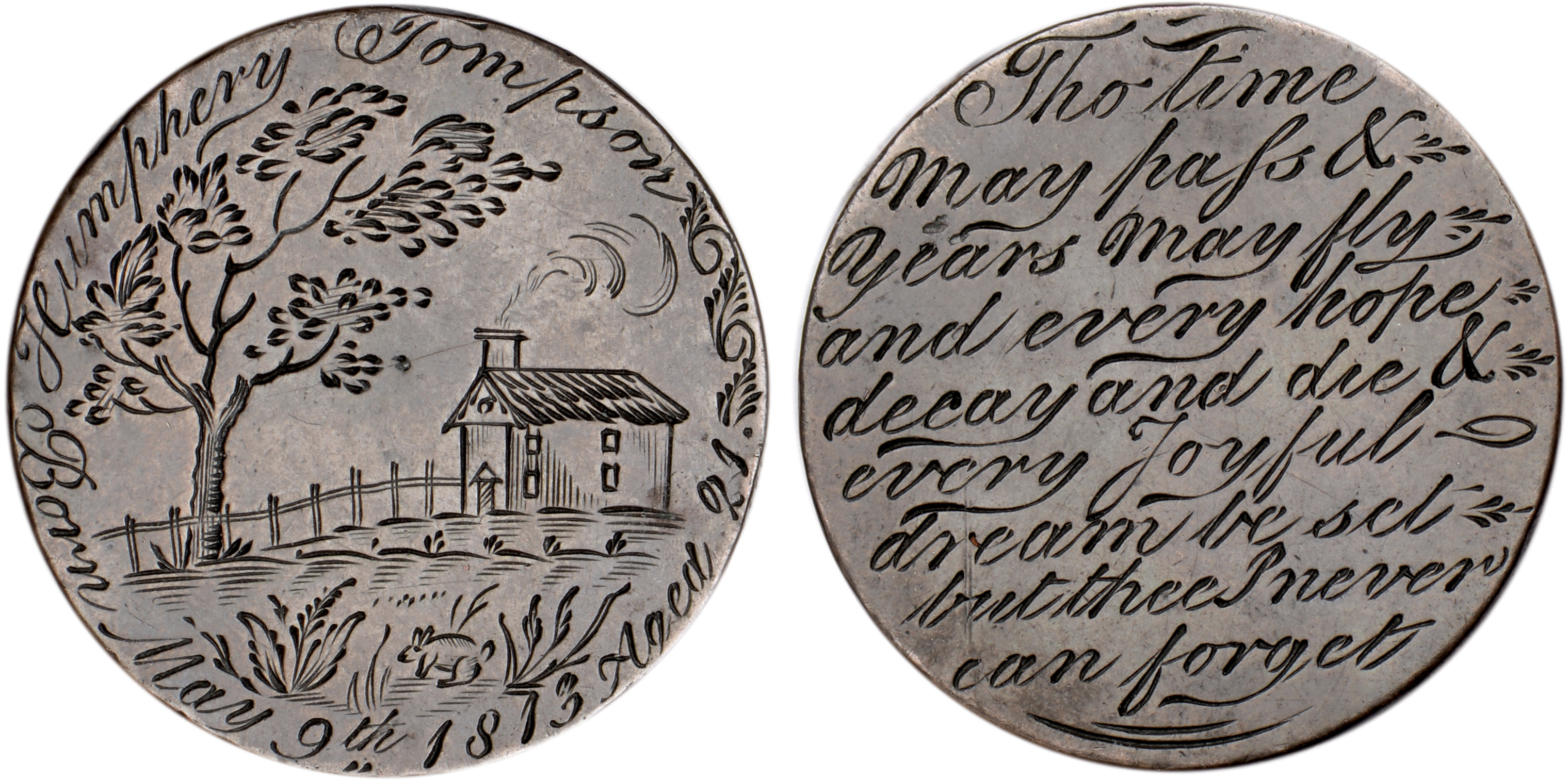 Humphery Tompson, a Georgian penny smoothed and engraved both sides, ‘Humphery Tompson – Born May