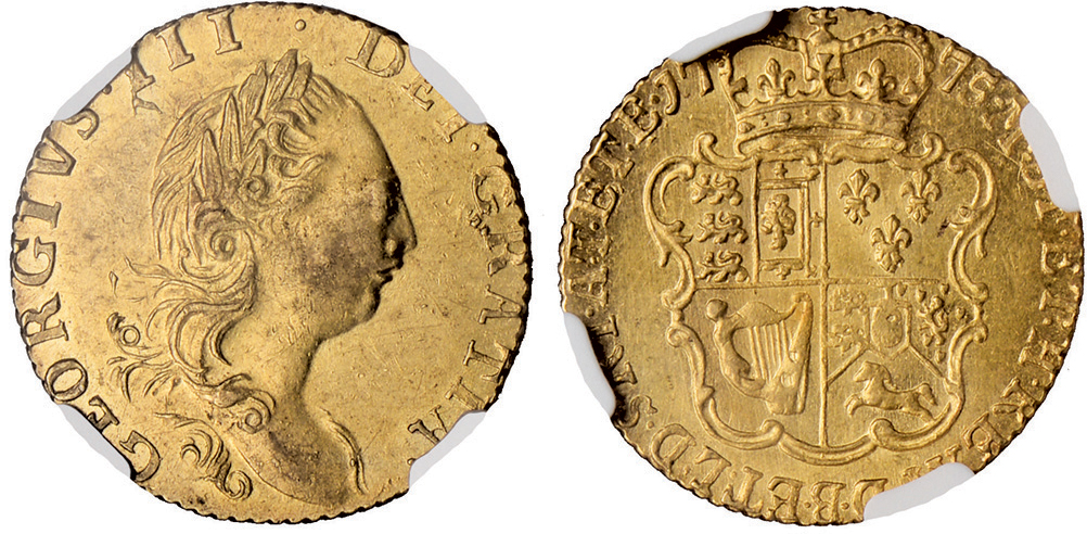 † George III, half guinea, 1775, third laur. head r., rev. crowned shield of arms (S.3733; Schneider