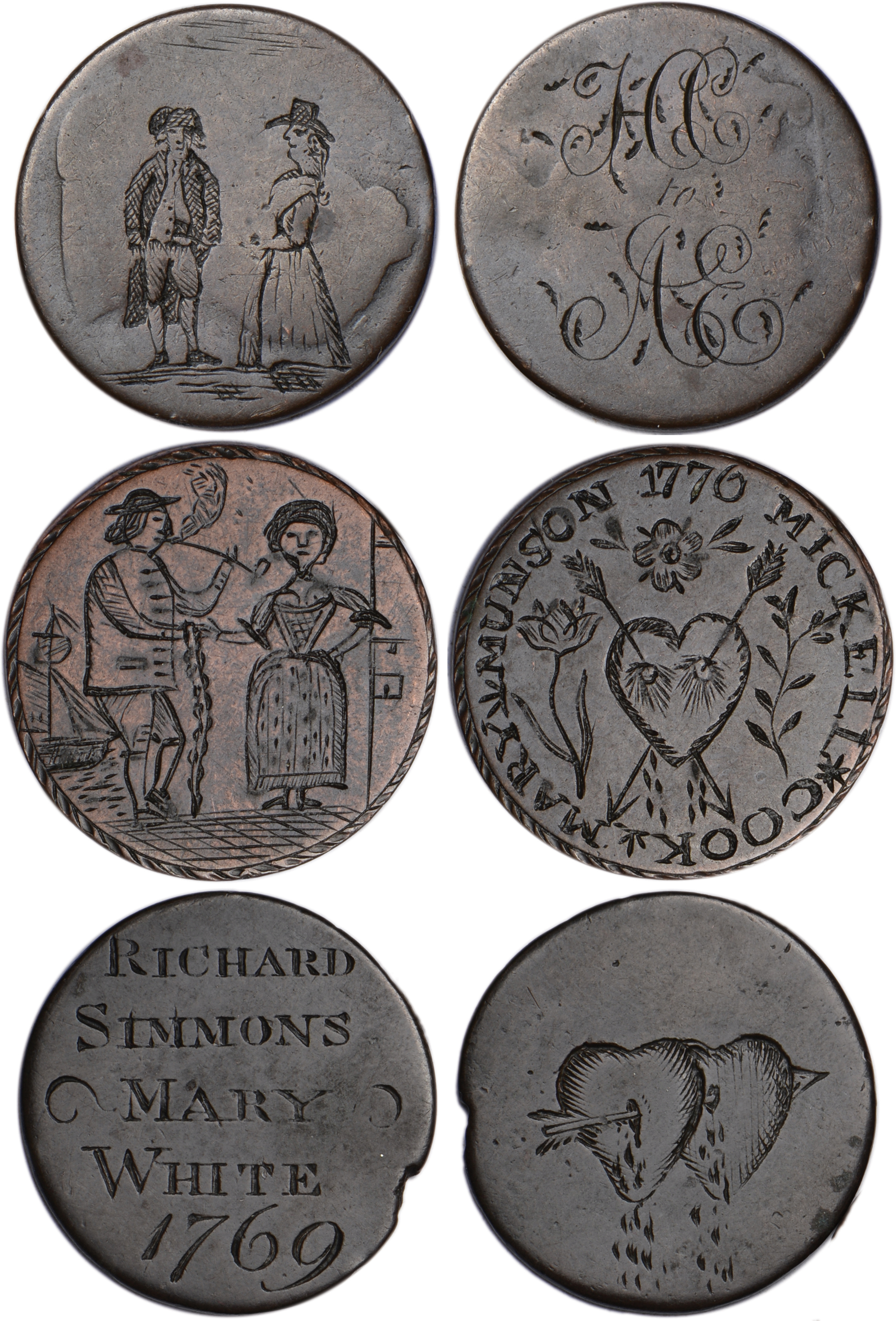 Couples, a Georgian halfpenny, smoothed and engraved both sides, a couple, he in frock-coat, tricorn