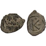Arab Byzantine, two seated figures, fals, Baysan undated, rev. K, wt. 3.89gms. (Bone 3; INJ 13,