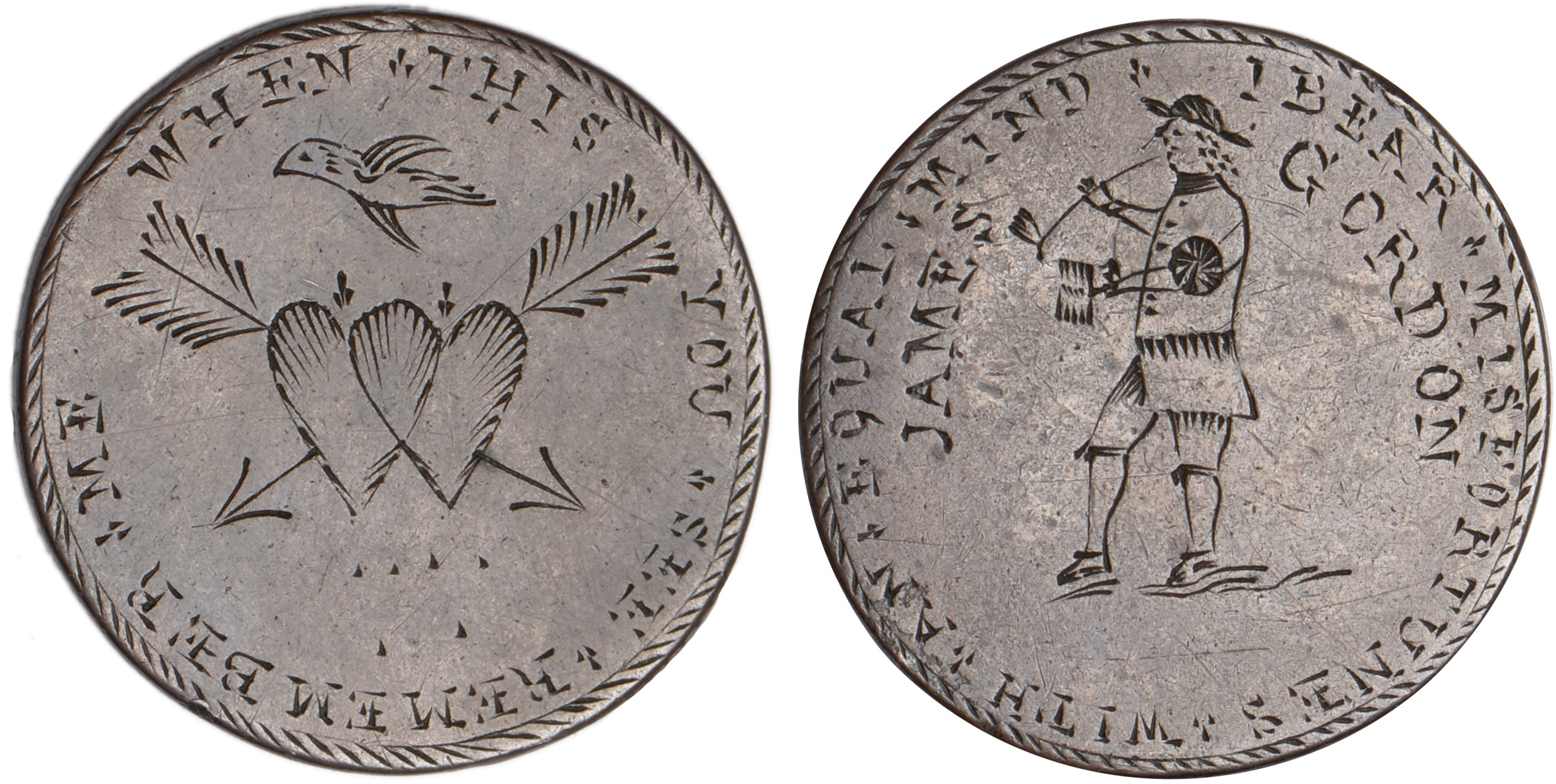 James Gordon, a Georgian halfpenny, smoothed and engraved both sides, JAMES GORDON, a one-legged