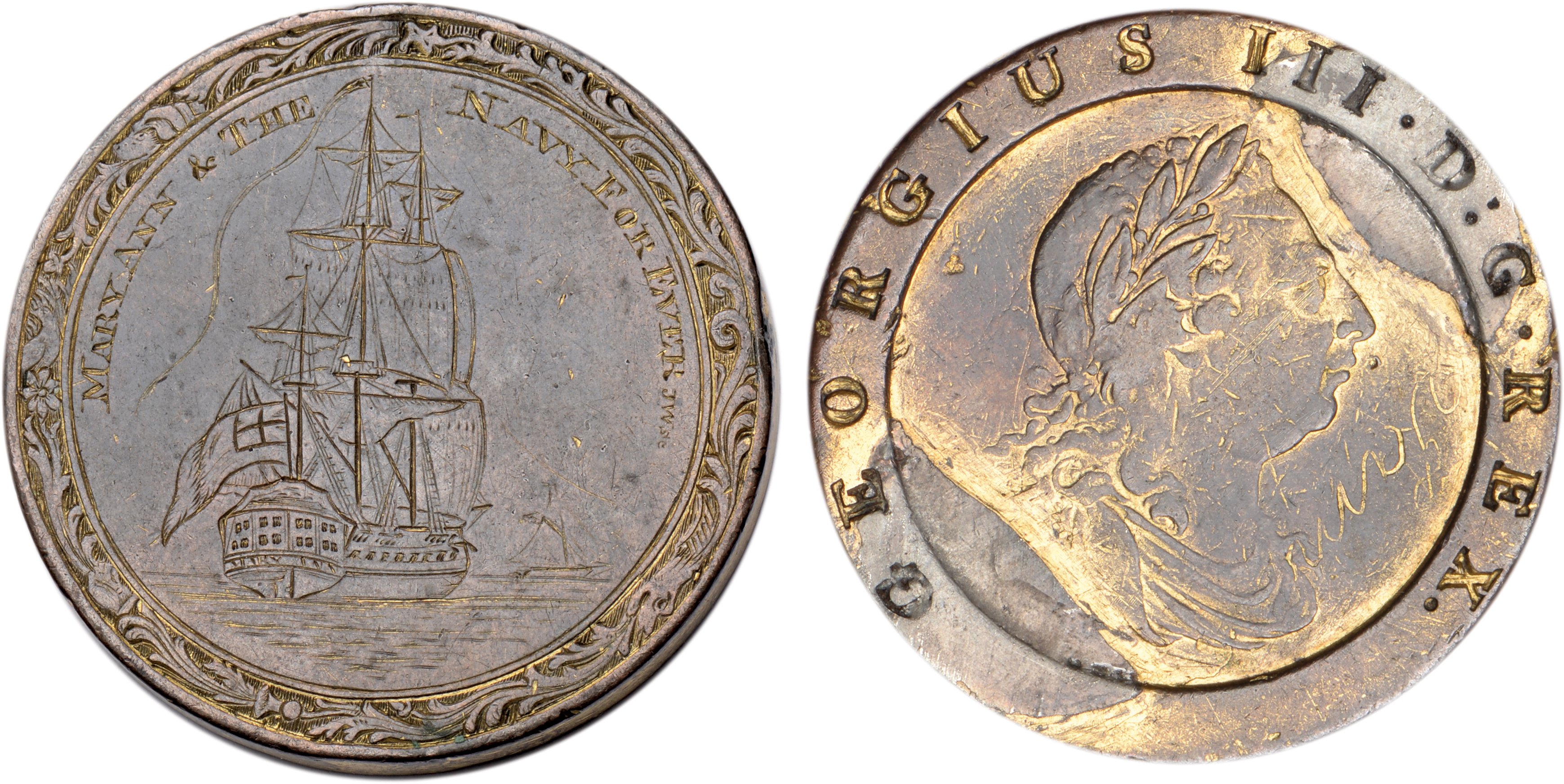 The Mary Ann, a George III ‘Cartwheel’ twopence, the reverse smoothed and engraved with a stern to