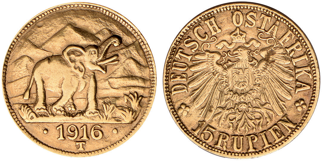 German East Africa, 15 rupien, 1916T, elephant r., rev. eagle with shield on breast (KM.16.1; Fr.1),