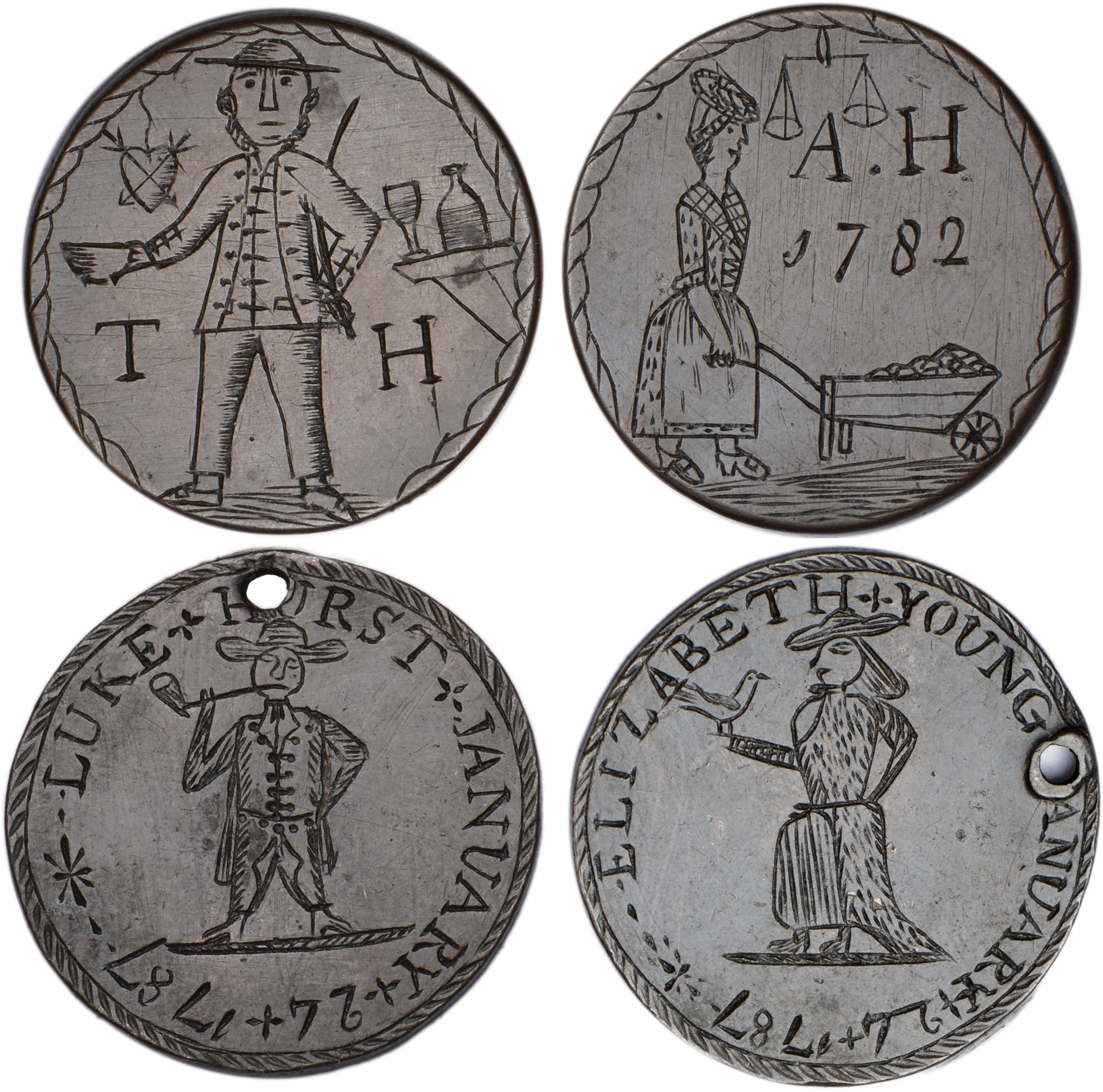 Couples, a pair of Georgian halfpennies, smoothed and engraved both sides by the same hand, 1782,