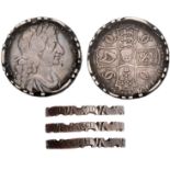 Raised Scrolled Edges, a Charles II silver halfcrown, 1674, the edge raised, scrolled and