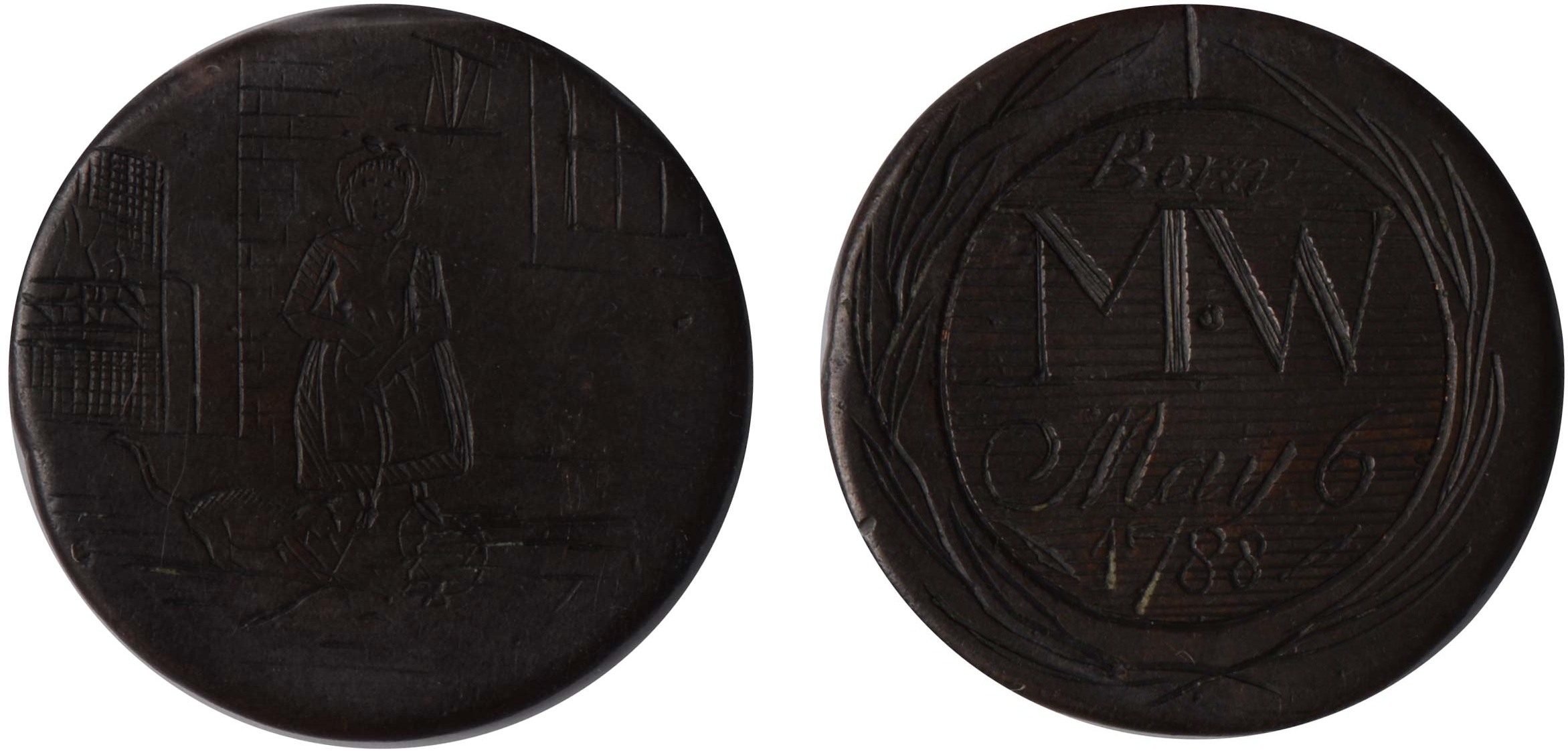 Childhood, a Georgian halfpenny, smoothed and engraved both sides, a young girl in an interior,