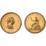 George III, gilt proof halfpenny, 1806, laur. and dr. bust r., rev. Britannia std. l., holding