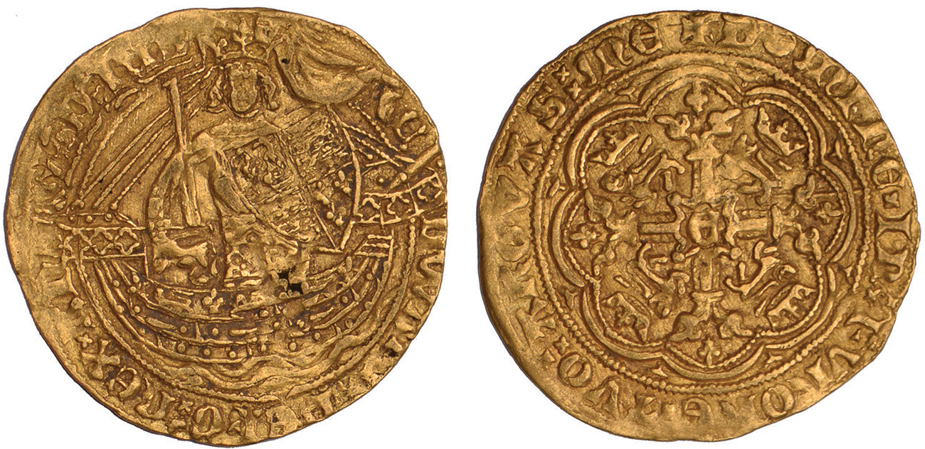 Edward III, treaty period (1361-1369), half noble, London, king with sword and shield stg. facing in