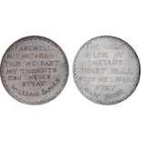 William James, a Georgian penny, smoothed and engraved with legend both sides: FAREWELL BUT NO.