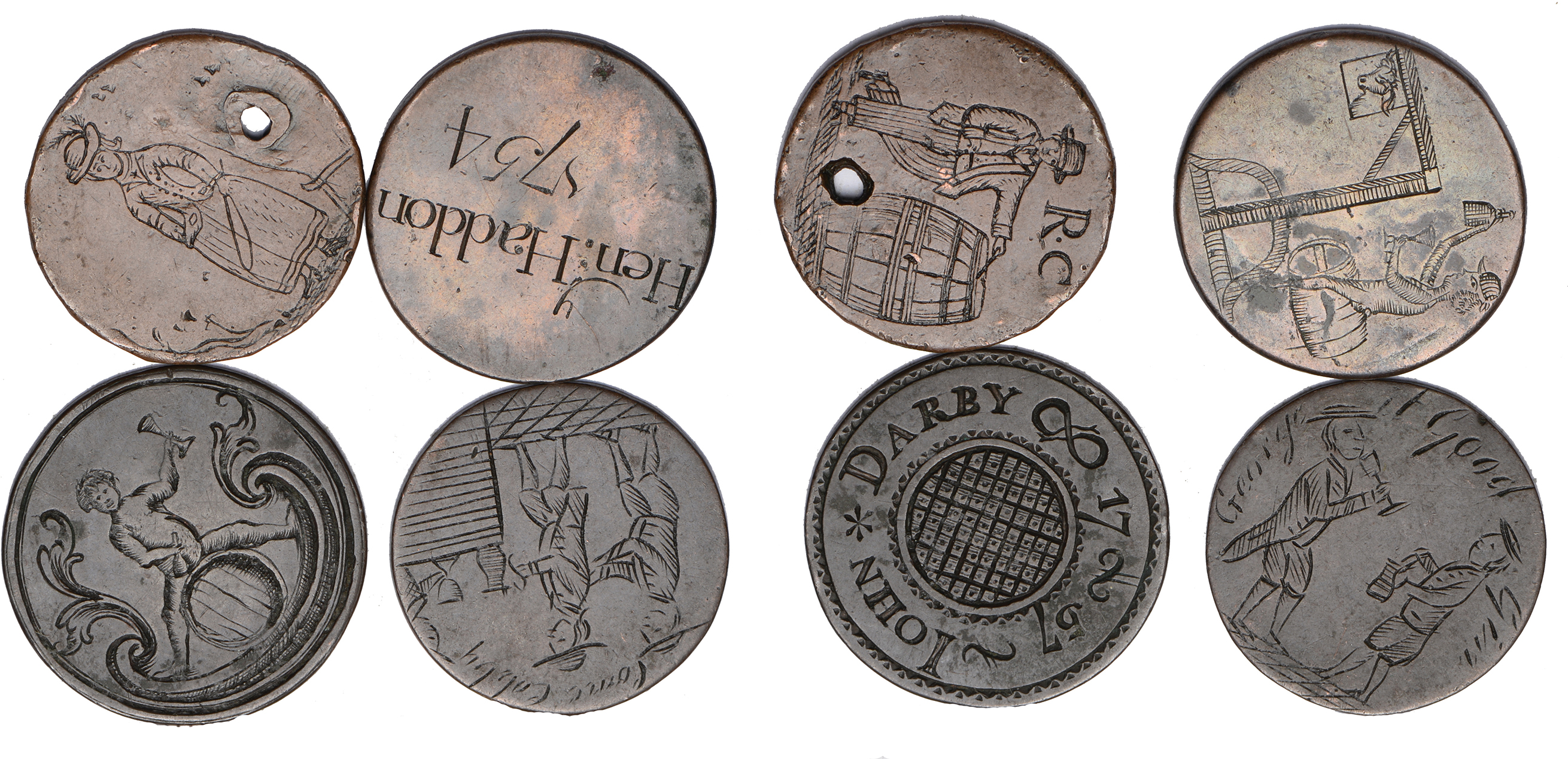 Drink, Georgian halfpennies (4), smoothed and engraved both sides: two men standing, one with jug,