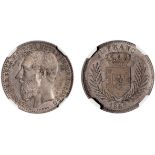 Belgian Congo, Leopold II, franc, 1887, bare head l., rev. crowned shield of arms within branches (