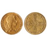 † Charles II, two guineas, 1664, first bust r., rev. crowned cruciform shields, sceptres in