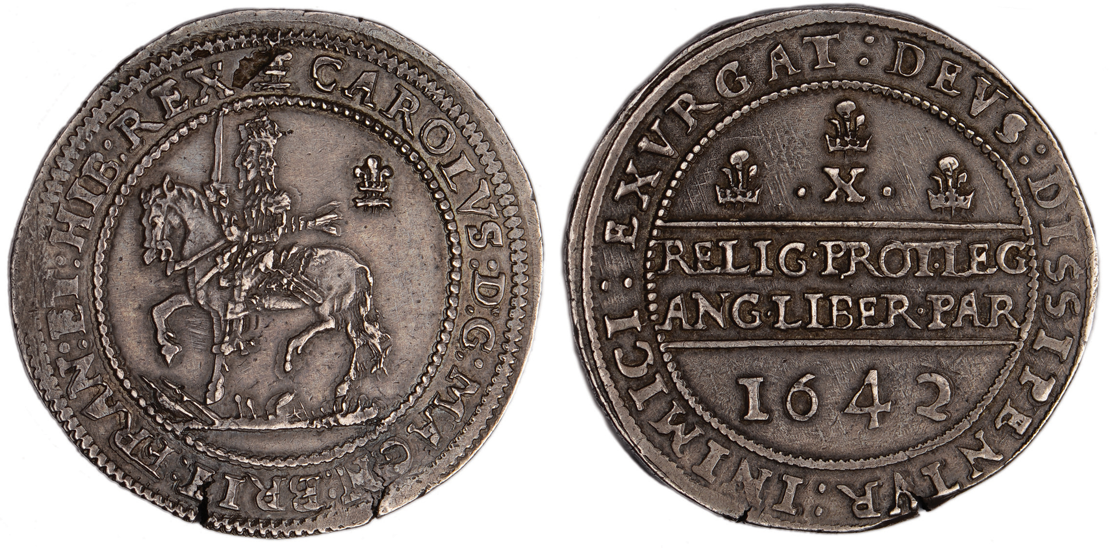 Charles I, half pound, Oxford mint, mm. plume/-, 1642, crowned figure of king on horseback l.,