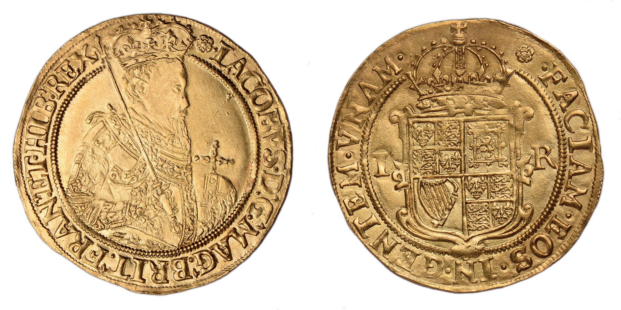 † James I, second coinage, unite, mm. rose (1605-1606), crowned second bust r., holding orb and