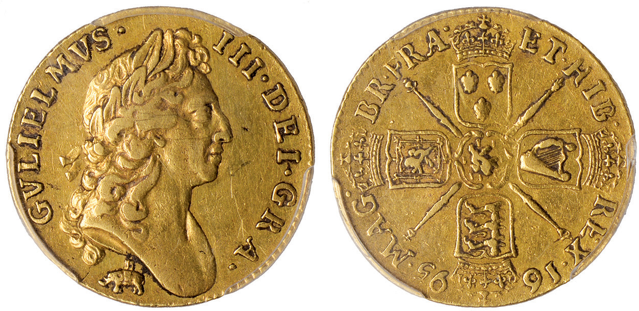 † William III, guinea, 1695, elephant & castle, first laur. bust r., rev. crowned cruciform shields,