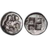 Thrace, The Orreskoi (510 – 480 BC), stater, centaur kneeling r., carrying in his arms a nymph l.