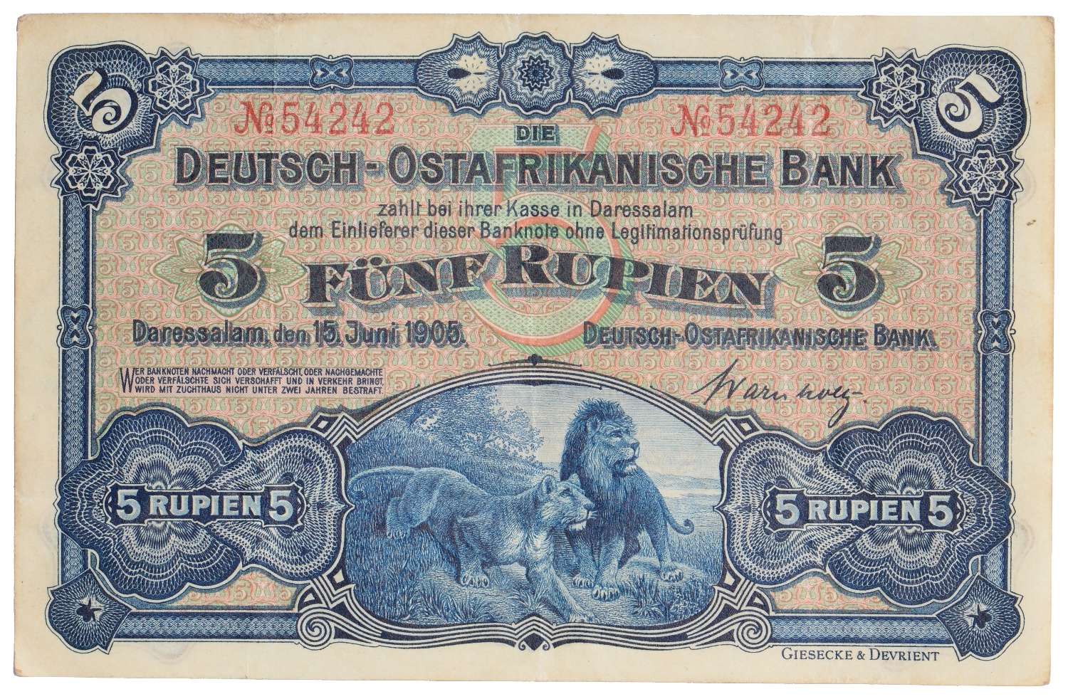 Deutsch-Ostafrikanische Bank, five rupien, 15 June 1905, no. 54242 (Ros.900; Pick 1), about good